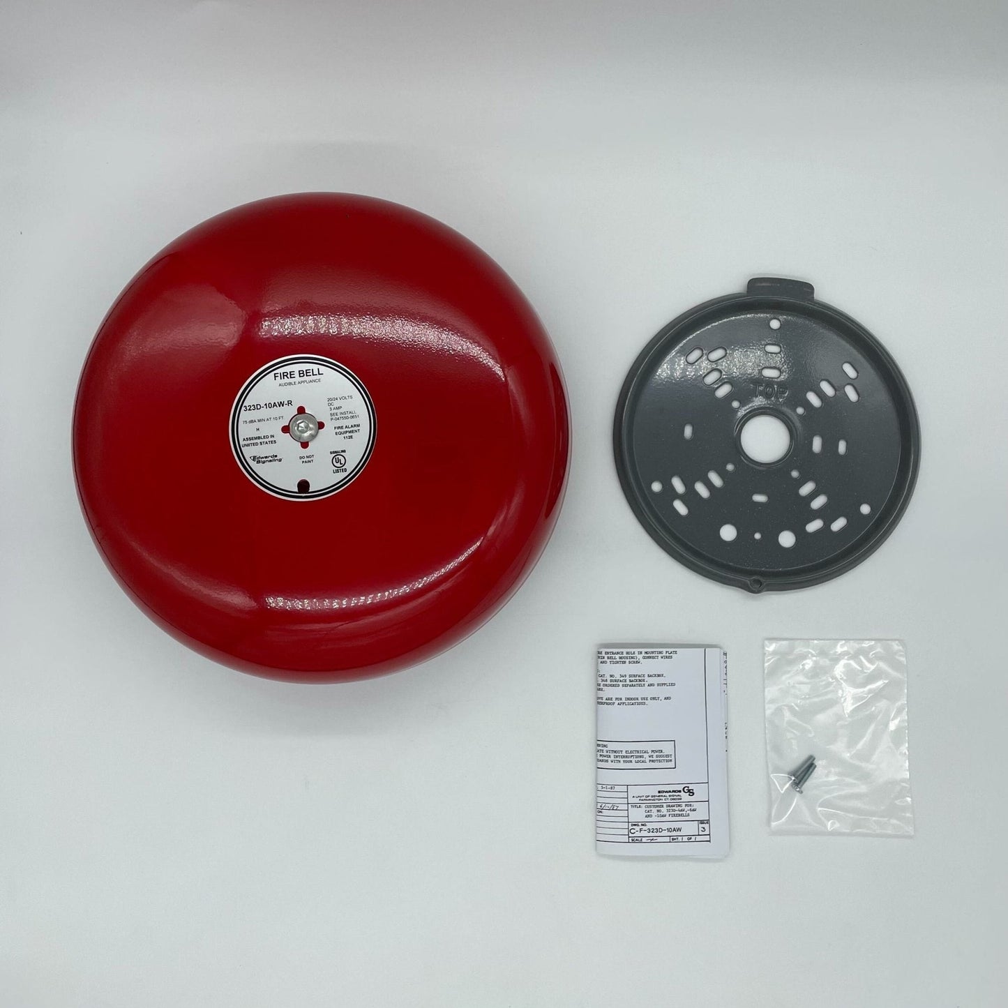Edwards 323D-10AW-R audible device with a red bell, single-stroke design, used for alert and signaling applications.