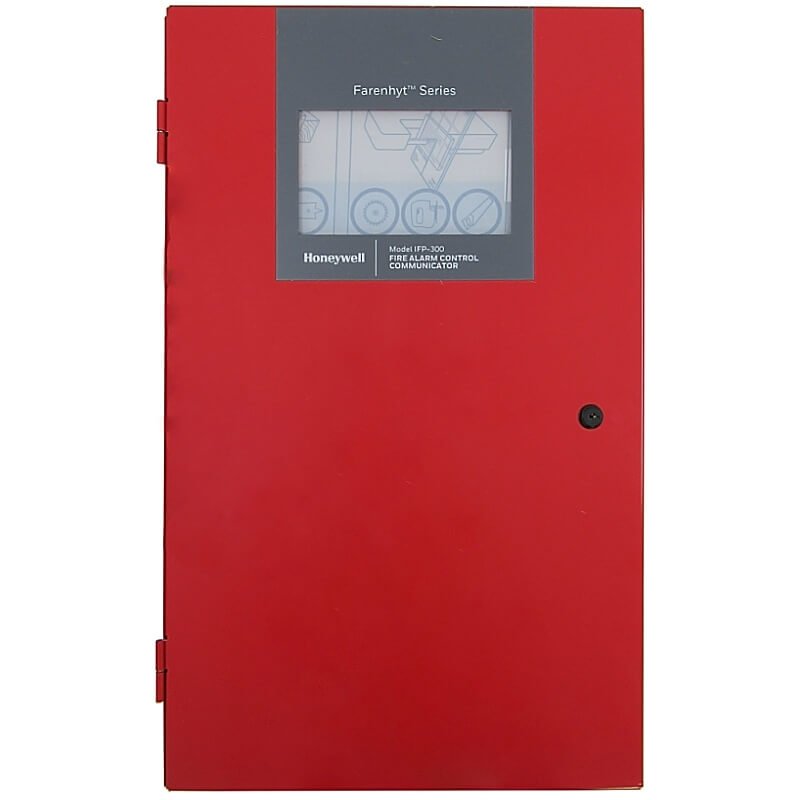 Farenhyt IFP-300 intelligent fire alarm control panel in red with display and control buttons.