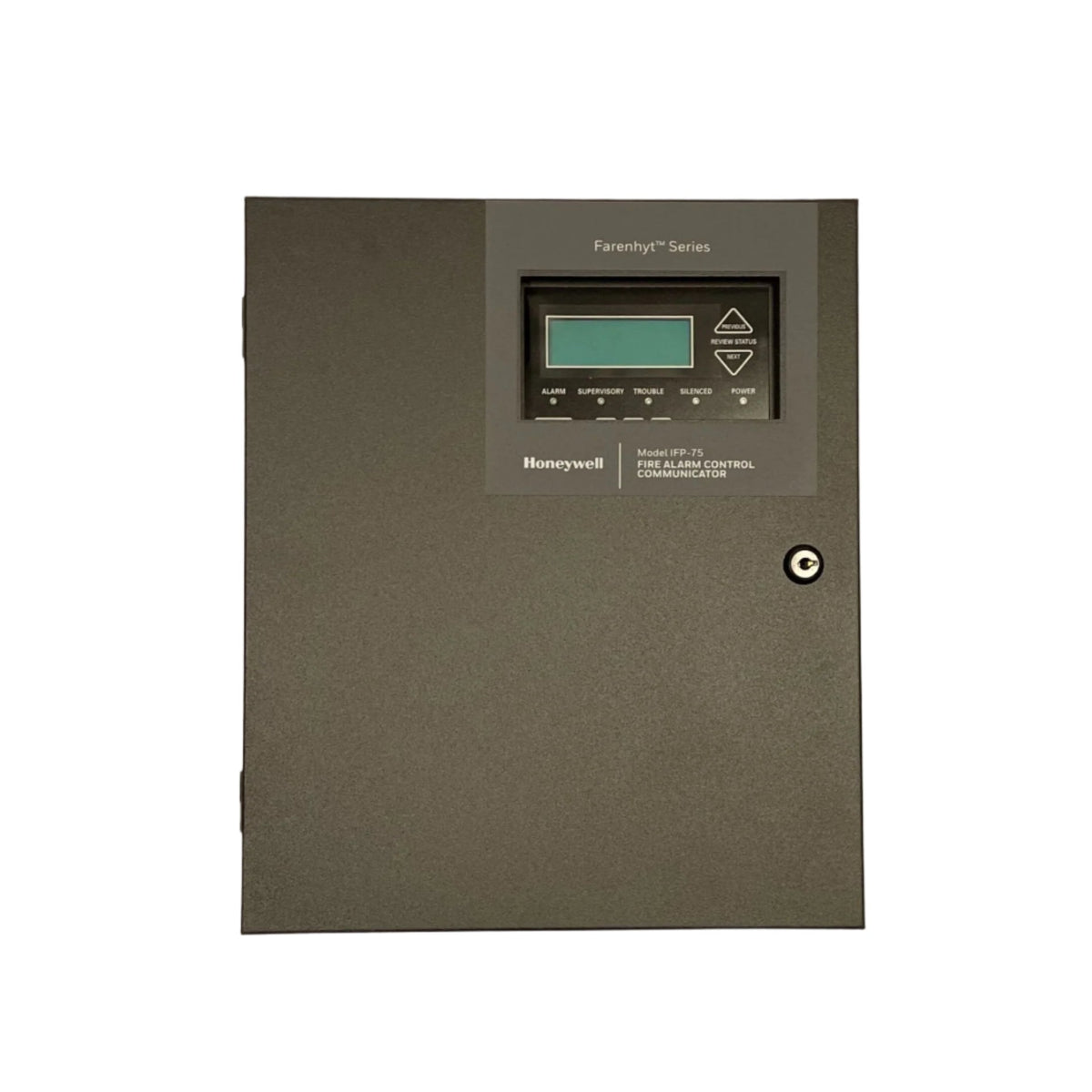 Farenhyt IFP-75B intelligent fire alarm control panel in black with digital display and control buttons.