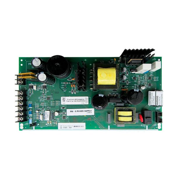 Gamewell-FCI PM-9 9A switching power supply for E3 panels, 120 Vac input, with wiring terminals visible.