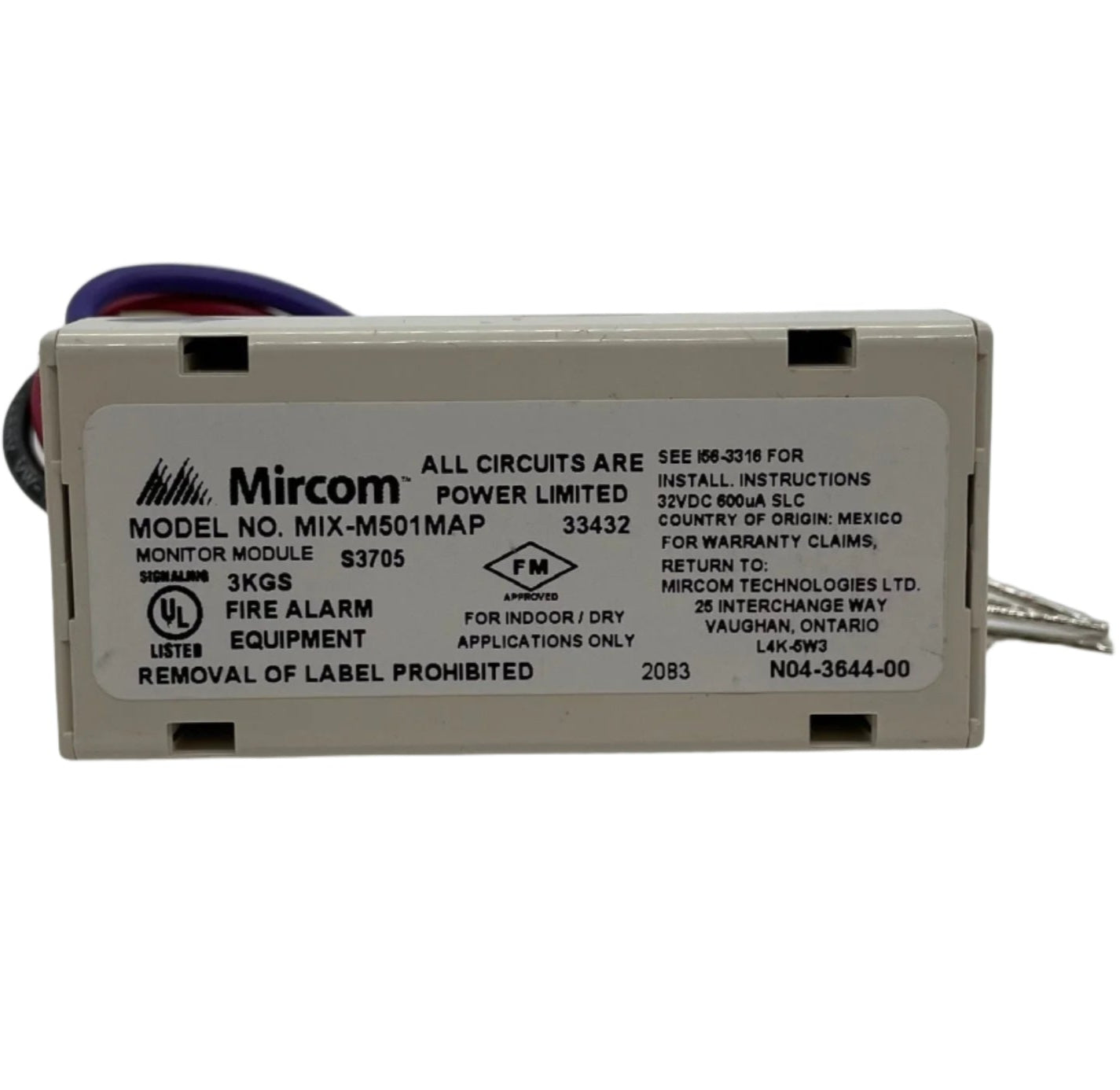 Mircom MIX-M501MAP smoke detector monitor module, addressable fire alarm device with wiring and interface components.