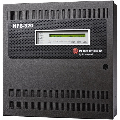 Notifier NFS-320E fire alarm control panel with 240VAC power, featuring a digital display and control buttons.
