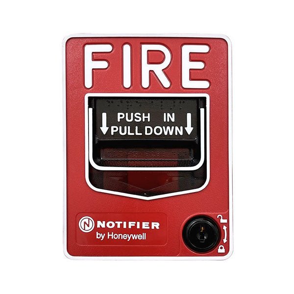 Notifier NBG-12LO dual-action manual pull station with outdoor backbox, fire alarm pull station for emergency use.