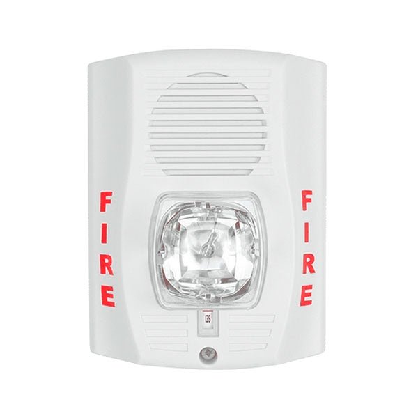 System Sensor P2WH-LF low-frequency sounder strobe visual device showing a white alarm strobe and speaker components.