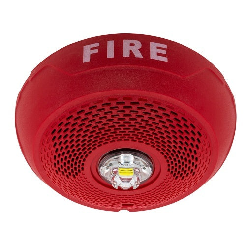 Red System Sensor SPSCRLED L-Series ceiling speaker-strobe with integrated voice system for emergency alerting.