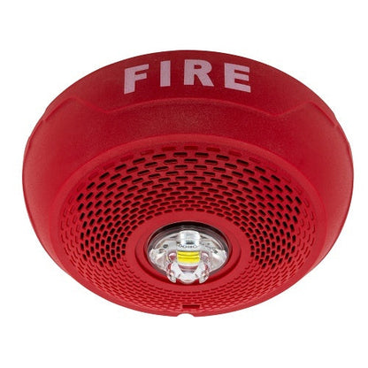 Red System Sensor SPSCRLED L-Series ceiling speaker-strobe with integrated voice system for emergency alerting.