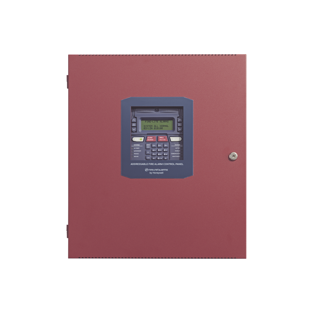 Fire-Lite ES-200XI intelligent addressable control panel with display and control buttons for fire alarm system management.
