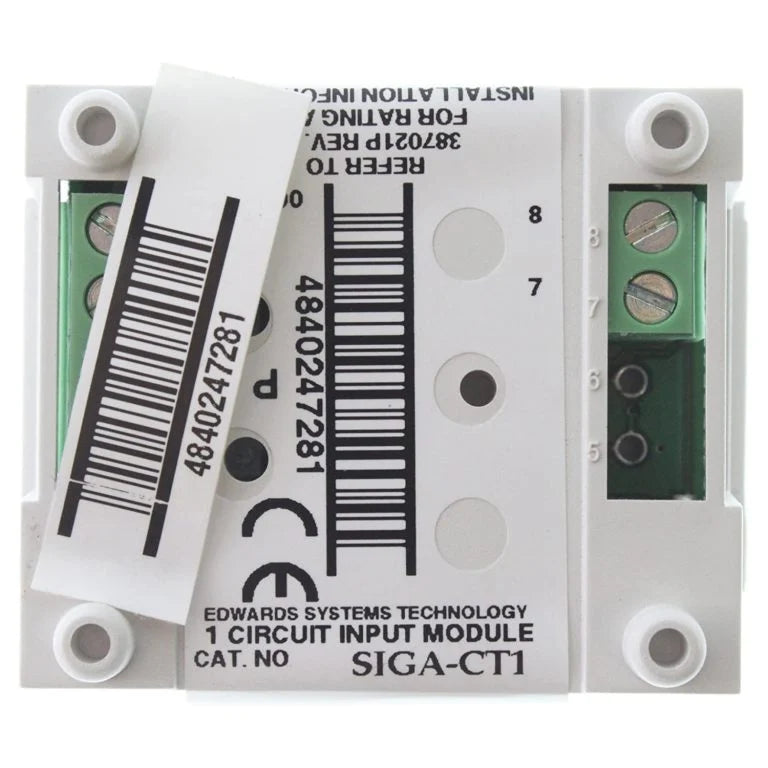 Edwards SIGA-CT1 Signature Series single input monitor module with multiple input ports and LED indicators on a black panel.