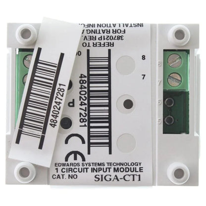 Edwards SIGA-CT1 Signature Series single input monitor module with multiple input ports and LED indicators on a black panel.