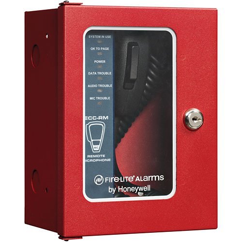 Fire-Lite ECC-RM Emergency Voice Evacuation Amplifier mounted on wall, part of Fire-Lite voice systems for emergency communication.