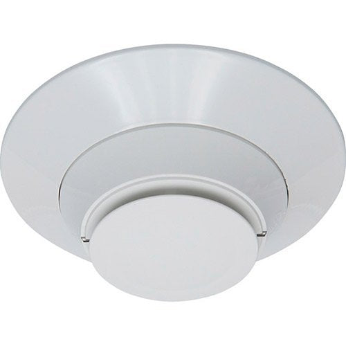 Fire-Lite SD365 addressable photoelectric smoke detector with front test button and mounting bracket, designed for fire safety.