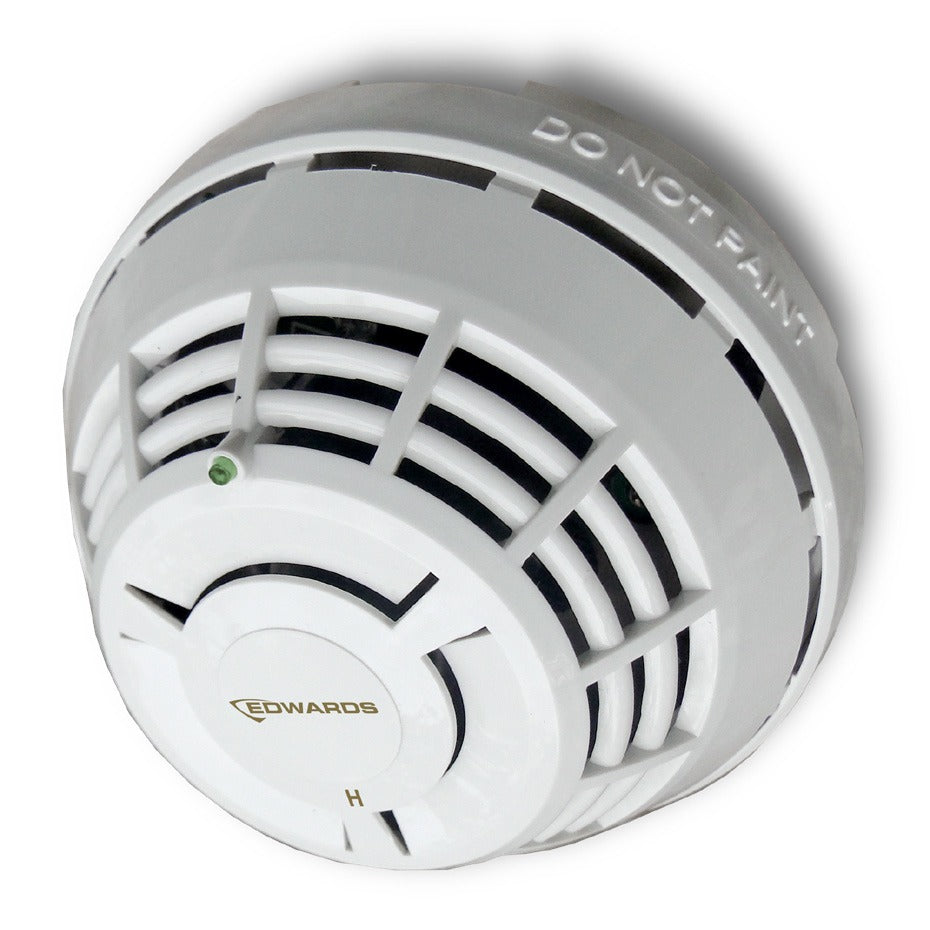 Edwards SIGA-HRD Signature Series fixed temperature and rate-of-rise heat detector with a white sensor housing.