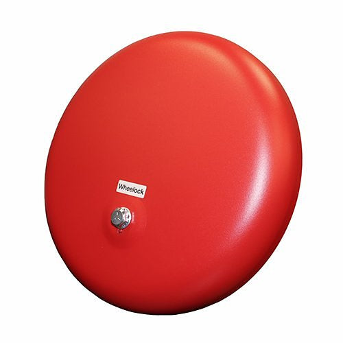 Eaton Wheelock MB-G10-24-R mass notification beacon with red lens and mounting bracket, mounted on a wall.