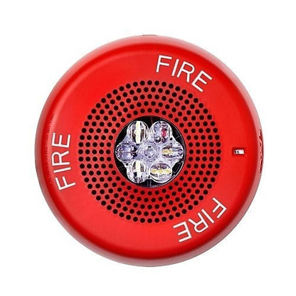 Eaton Wheelock ELCHSRC horn strobe alarm with red housing and visible horn and strobe light components.