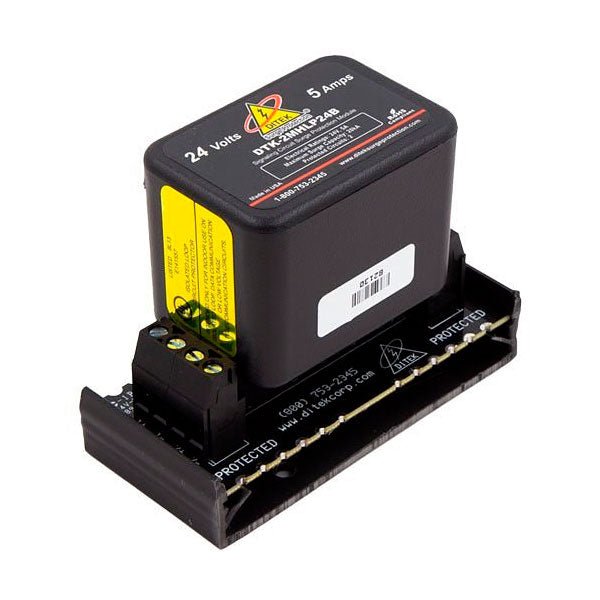 Ditek DTK-2MHLP24BWB surge protection device with 24V hybrid design, two-pair protection for electrical systems.
