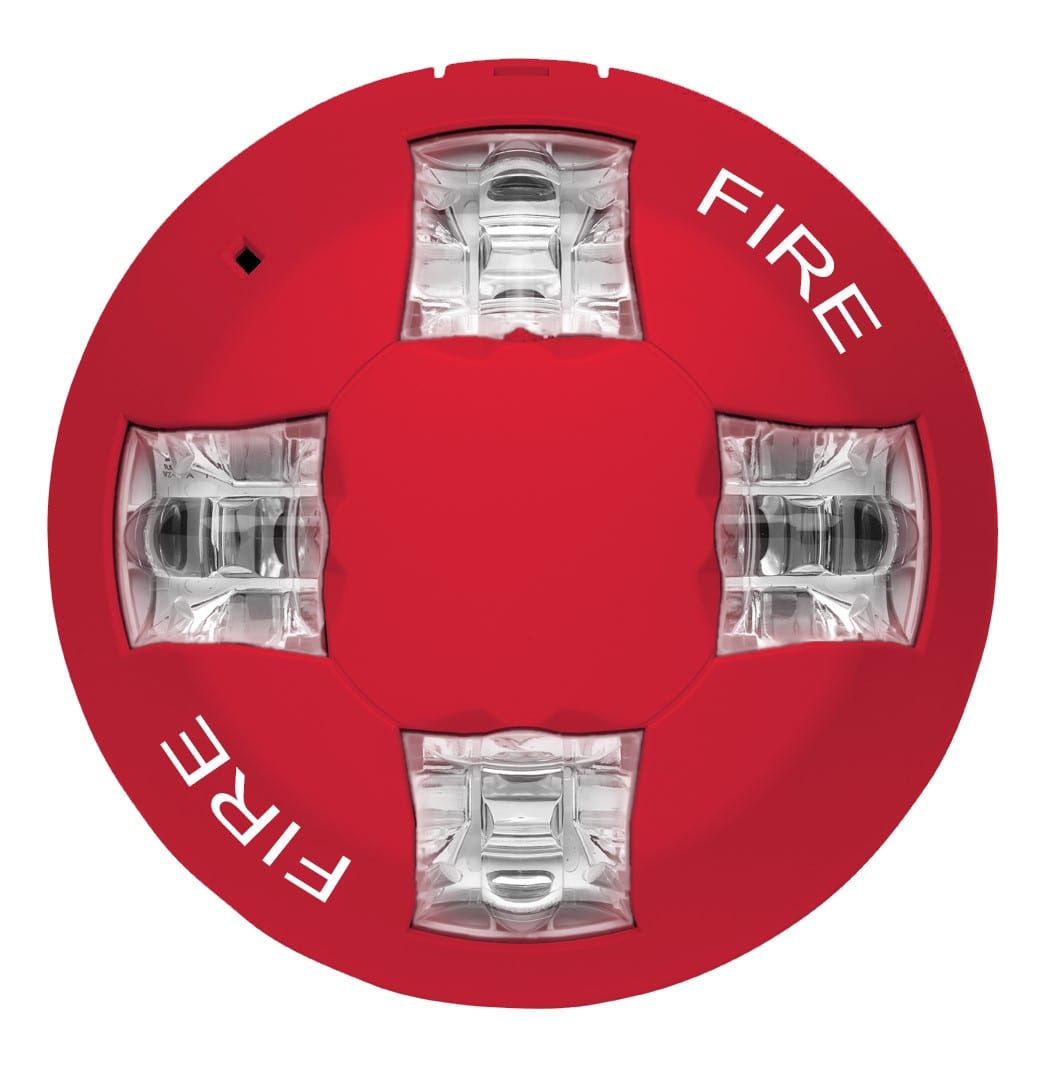 Red Edwards GCVRF Genesis ceiling-mounted fire strobe light for visual alert and safety signaling.