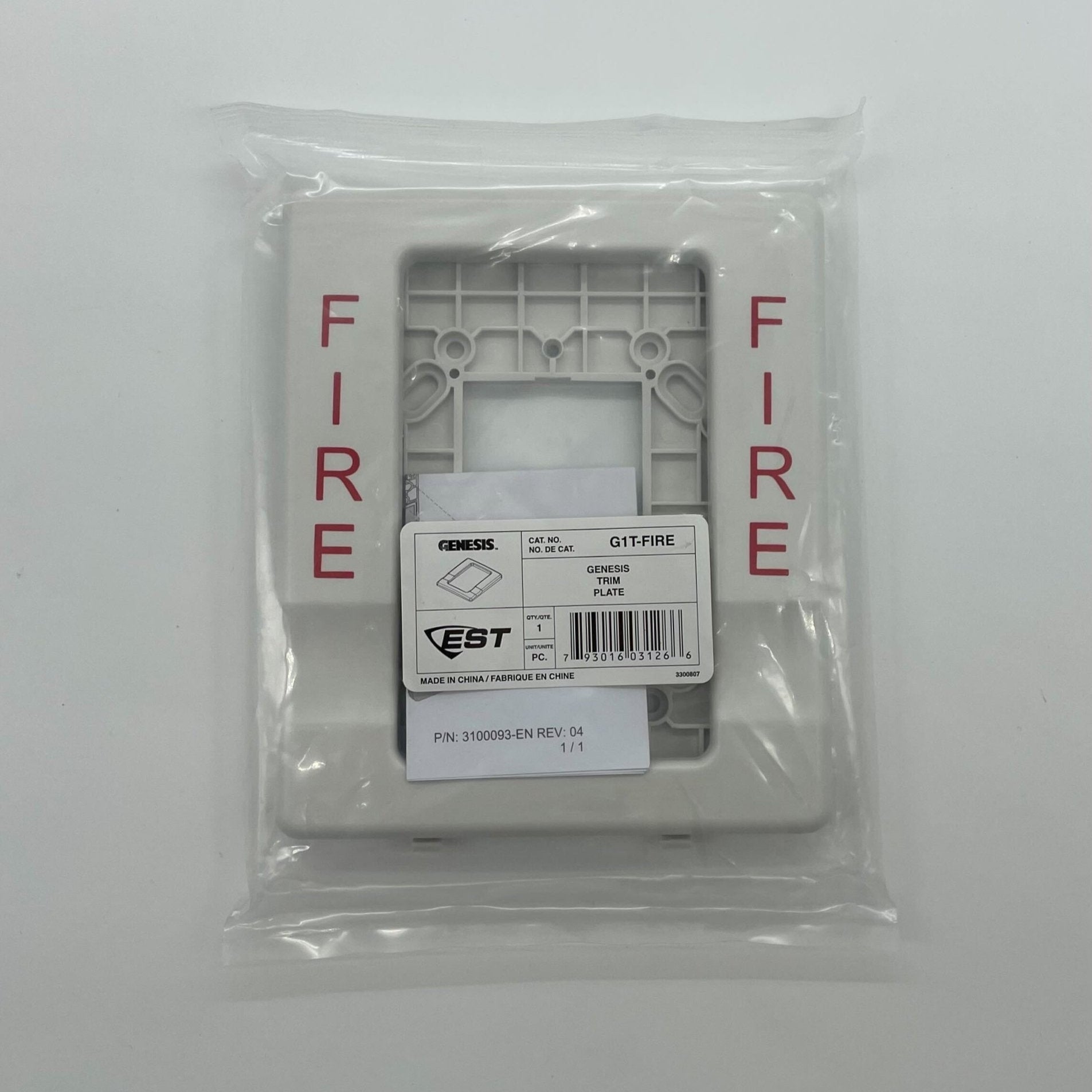 Edwards G1T-FIRE Genesis Wall Horn Strobe with 4-inch trim, fire marking, and mounting trim for fire alarm systems