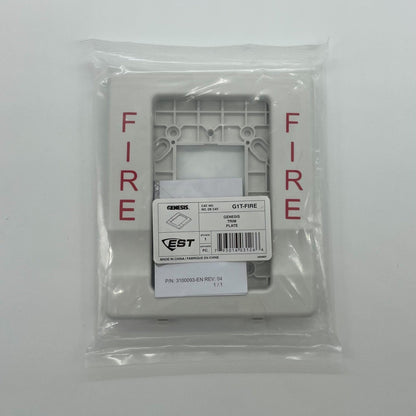 Edwards G1T-FIRE Genesis Wall Horn Strobe with 4-inch trim, fire marking, and mounting trim for fire alarm systems