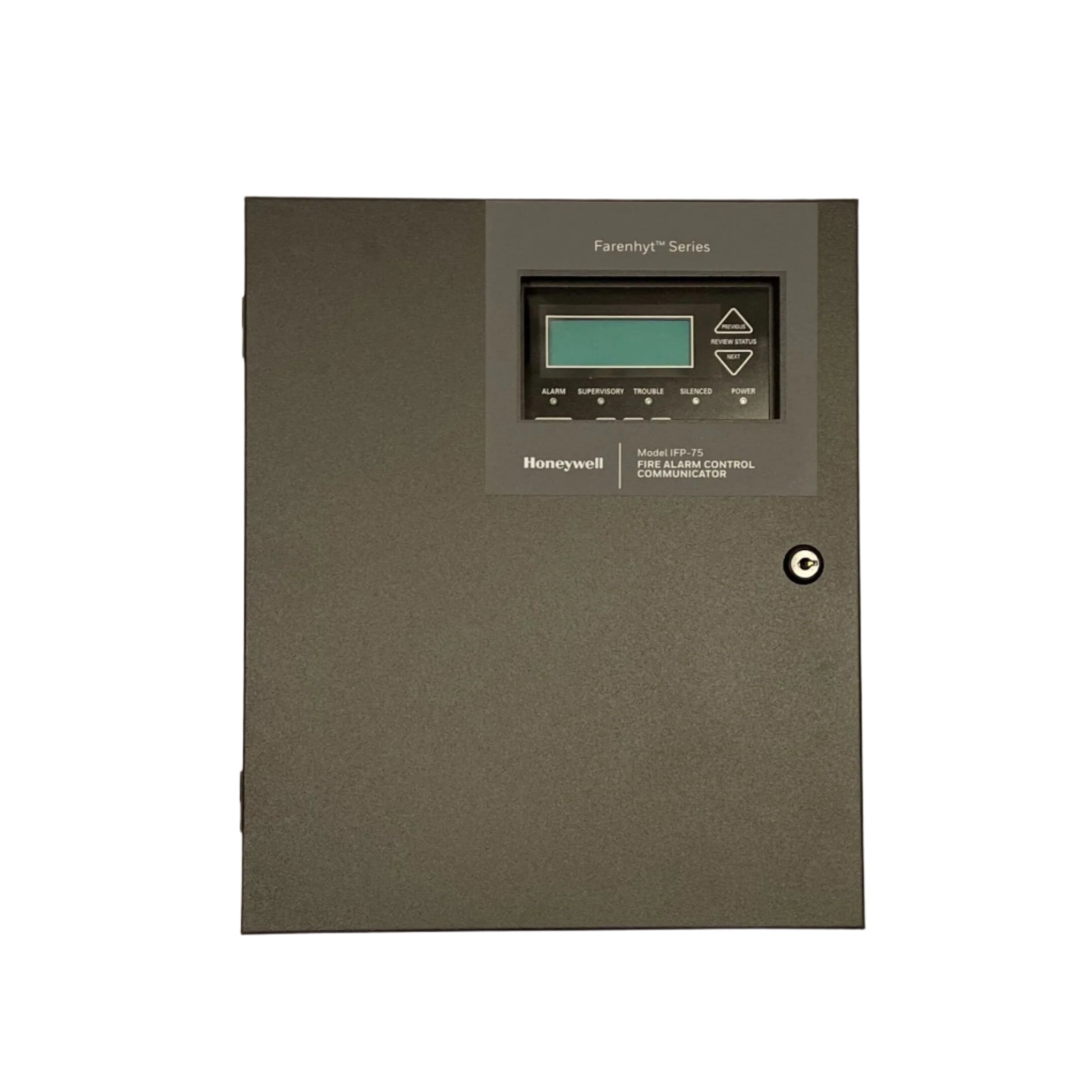 Farenhyt IFP-75B intelligent fire alarm control panel in black with digital display and control buttons.