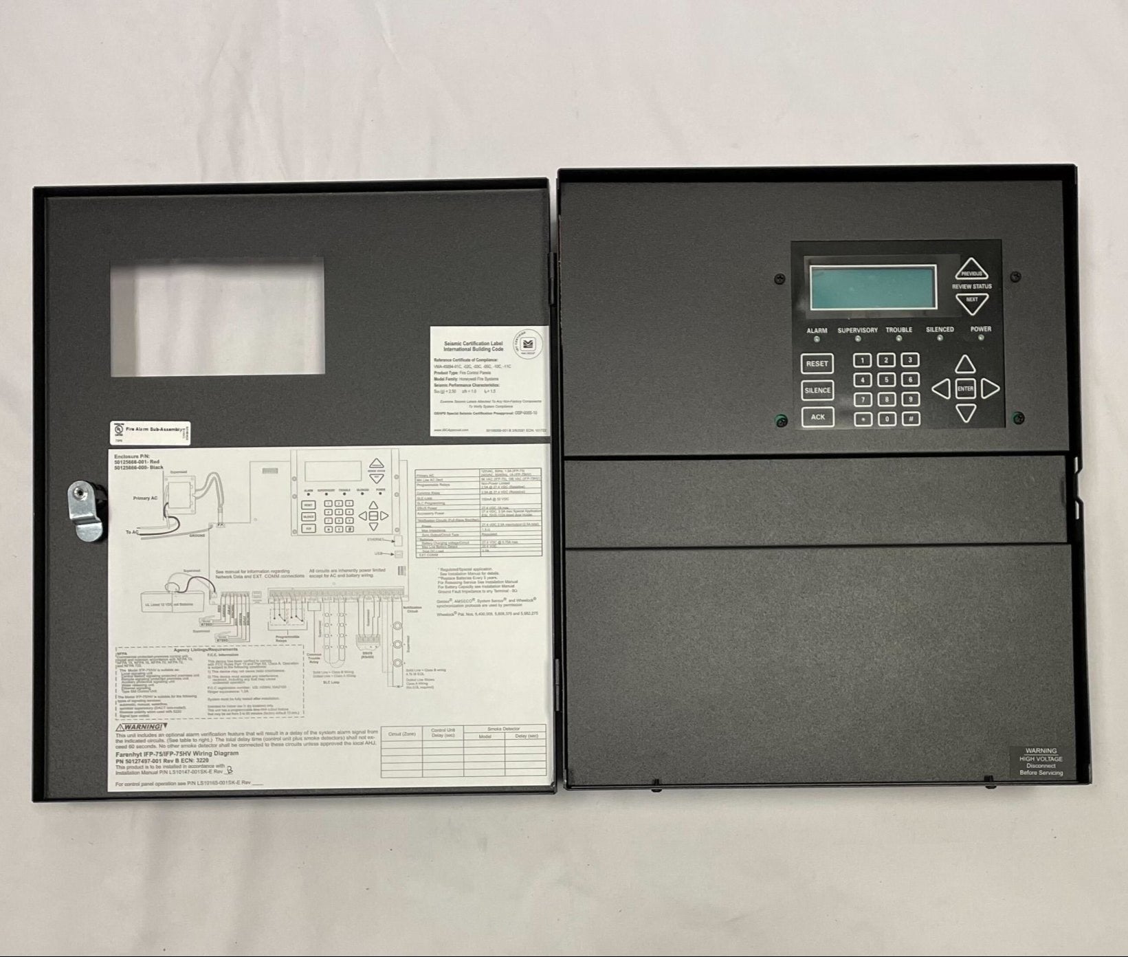Farenhyt IFP-75B intelligent fire alarm control panel in black with digital display and control buttons for fire safety management.