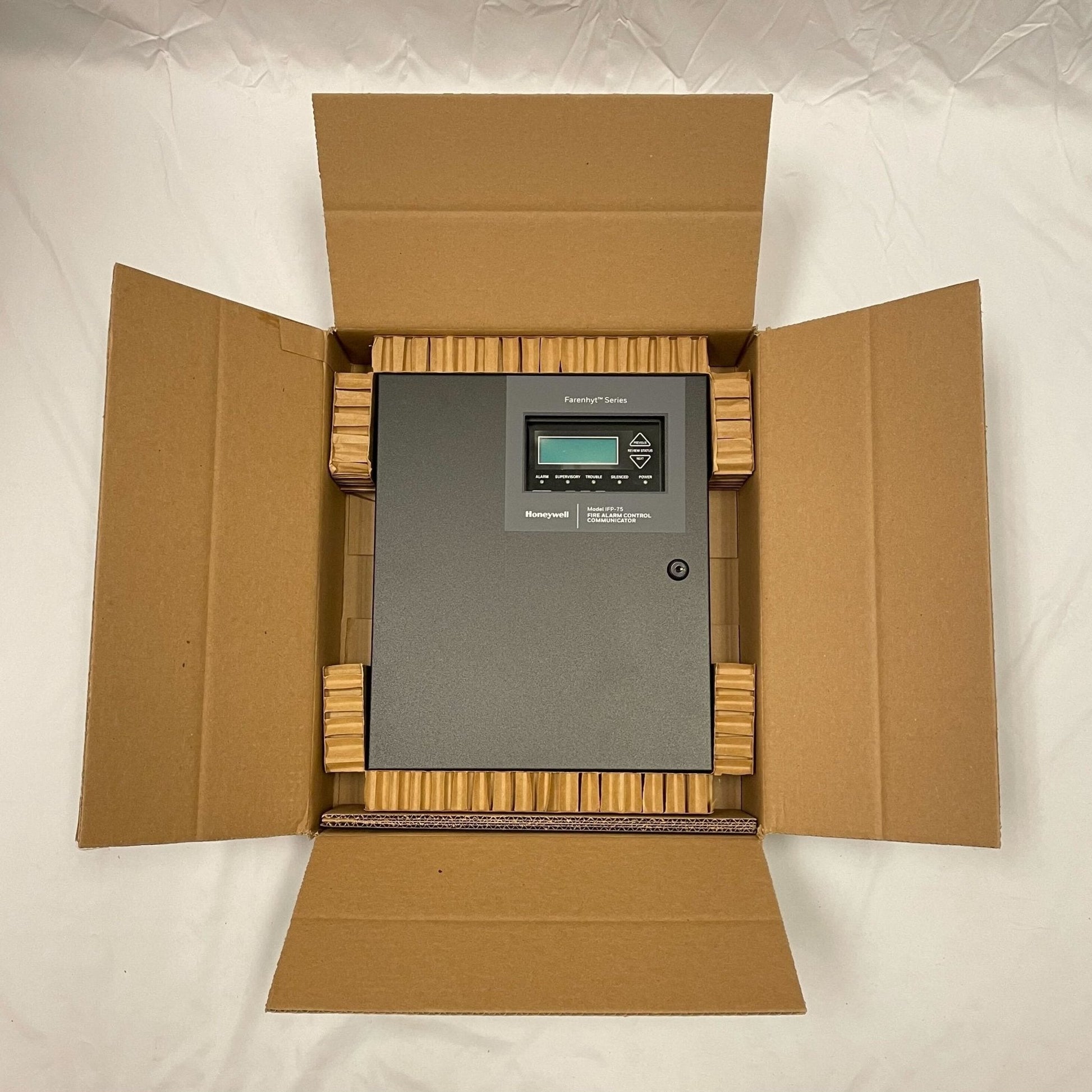 Farenhyt IFP-75B intelligent fire alarm control panel in black with display and control buttons.