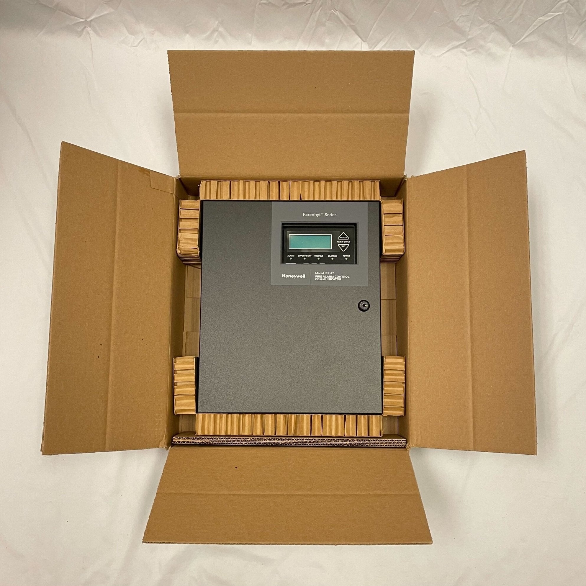 Farenhyt IFP-75B intelligent fire alarm control panel in black with display and control buttons.