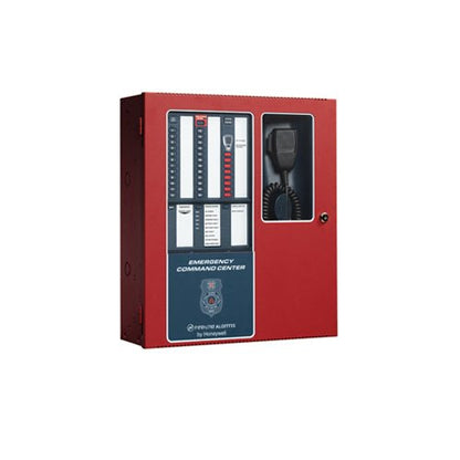 Fire-Lite ECC-50/100 emergency voice evacuation amplifier and control panel for fire alarm systems, mounted on a wall.