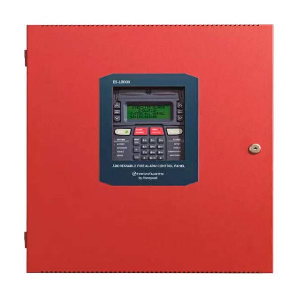 Fire-Lite ES-1000X intelligent addressable fire alarm control panel with display and control buttons.
