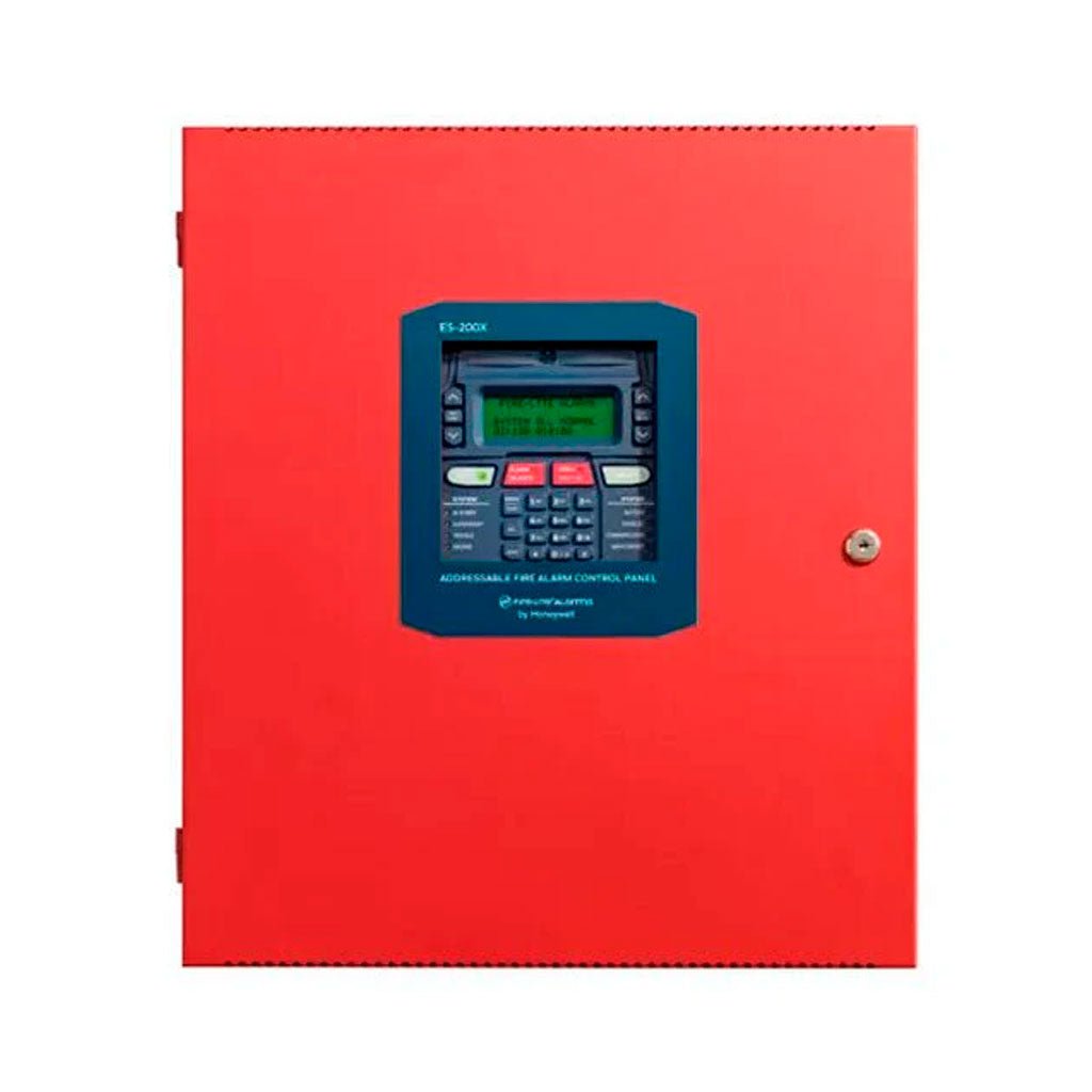 Fire-Lite ES-200XP intelligent addressable fire alarm control panel with display and control buttons, mounted on a wall.