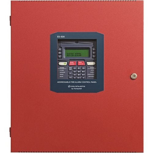 Fire-Lite ES-50X addressable fire alarm control panel with 50-point capacity, displaying front panel with indicator lights and controls.