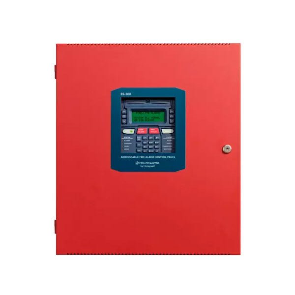 Fire-Lite ES-50XP addressable fire alarm control panel with digital display and control buttons for fire safety management.