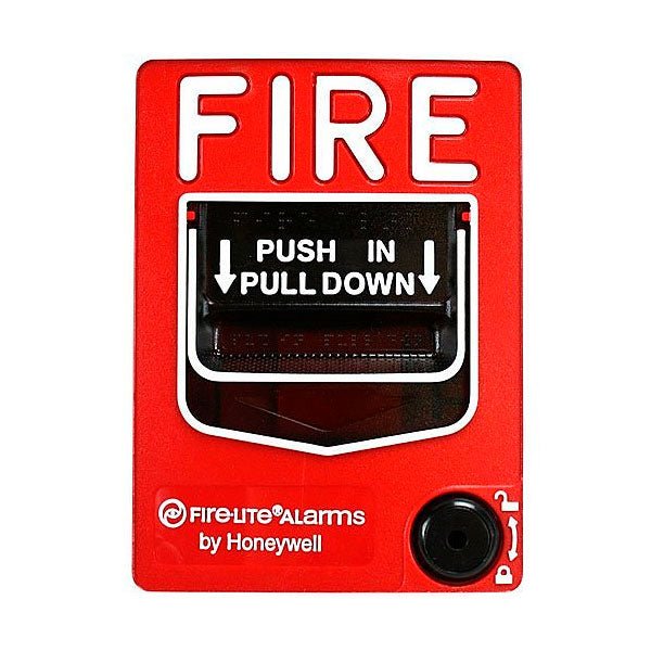 Fire-Lite BG-12 BG-Series dual-action manual pull station for fire alarm systems, mounted on a wall.