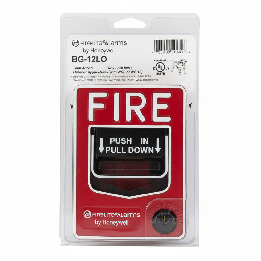 Fire-Lite BG-12LO BG-Series manual pull station with dual-action design, mounted on a wall for emergency fire alarm activation.