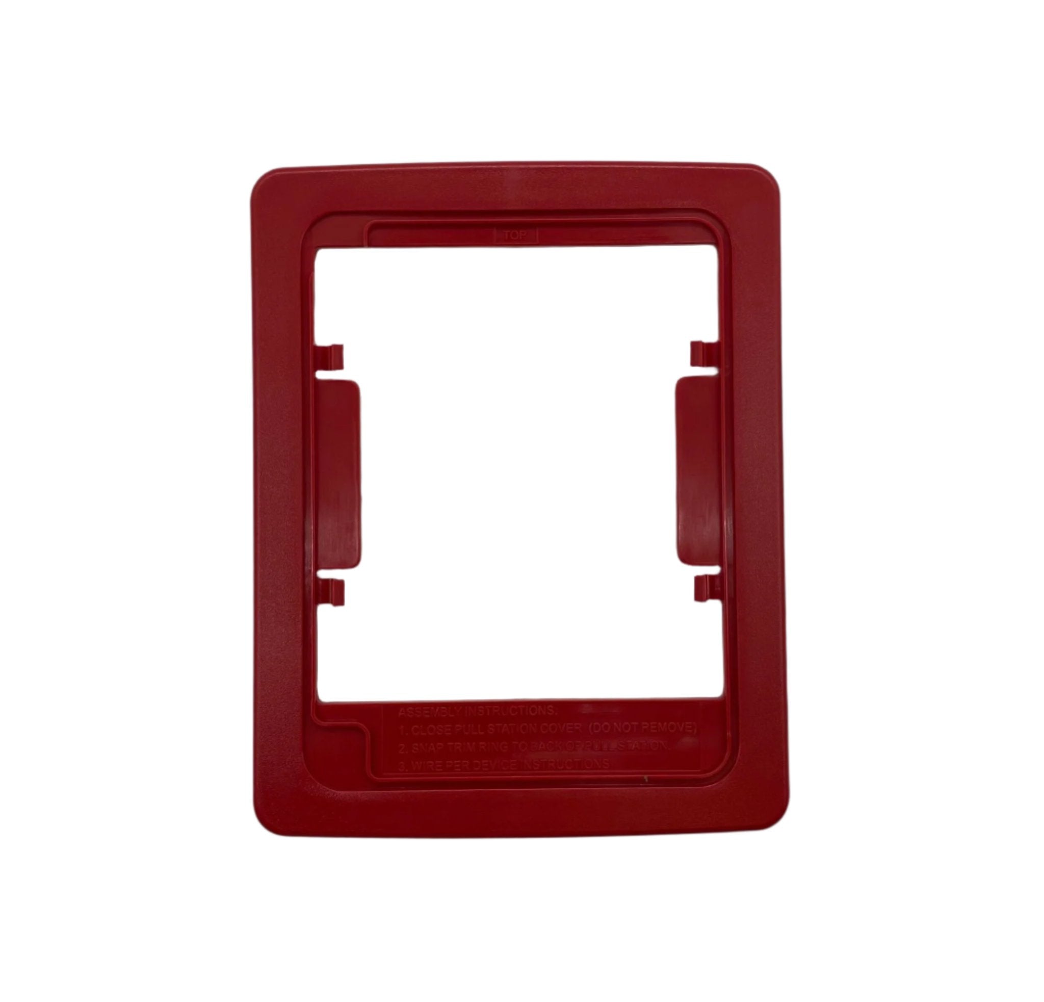 Fire-Lite BG12TR pull station with Lexan trim ring, mounted on wall, showing push button and emergency label.
