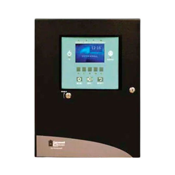 Gamewell-FCI SLP-BLK addressable fire alarm control panel in all-black, with display and control buttons visible.