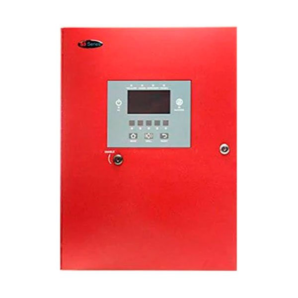 Gamewell-FCI SLP-RED addressable fire alarm control panel with red door and black enclosure, used for fire safety systems.