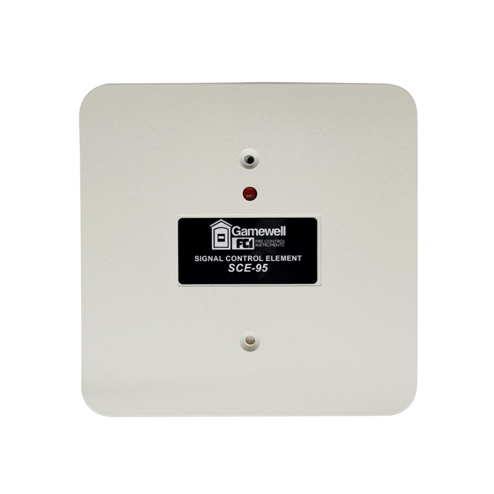 Gamewell-FCI GWSCE-95 fire alarm control panel with LED indicators and control interface, used for fire safety systems.