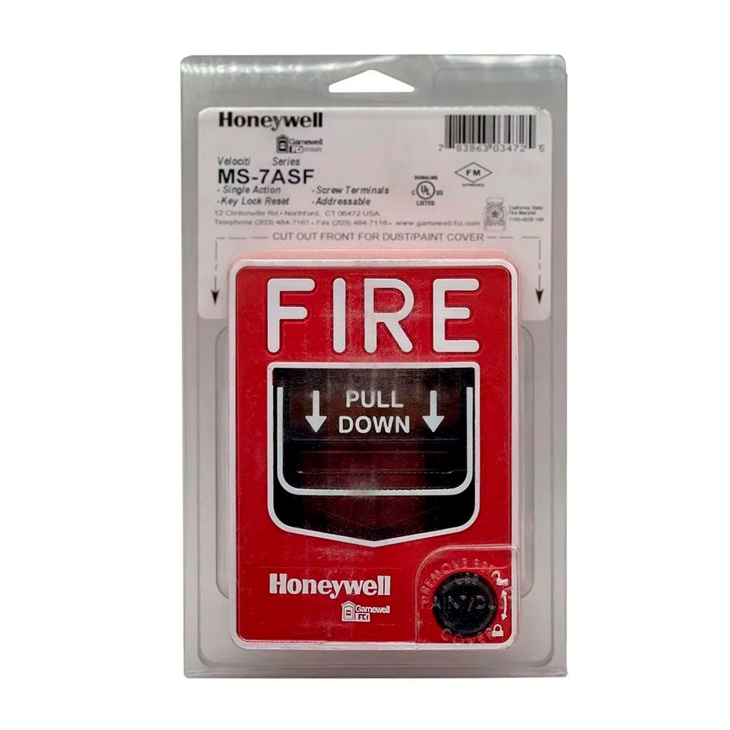 Gamewell-FCI MS-7ASF Velociti single-action manual pull station with red cover and clear labeling for emergency fire alarm activation.