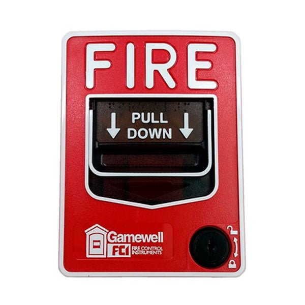 Gamewell-FCI MS-7S manual pull station with wire leads, used for fire alarm systems in commercial safety setups.