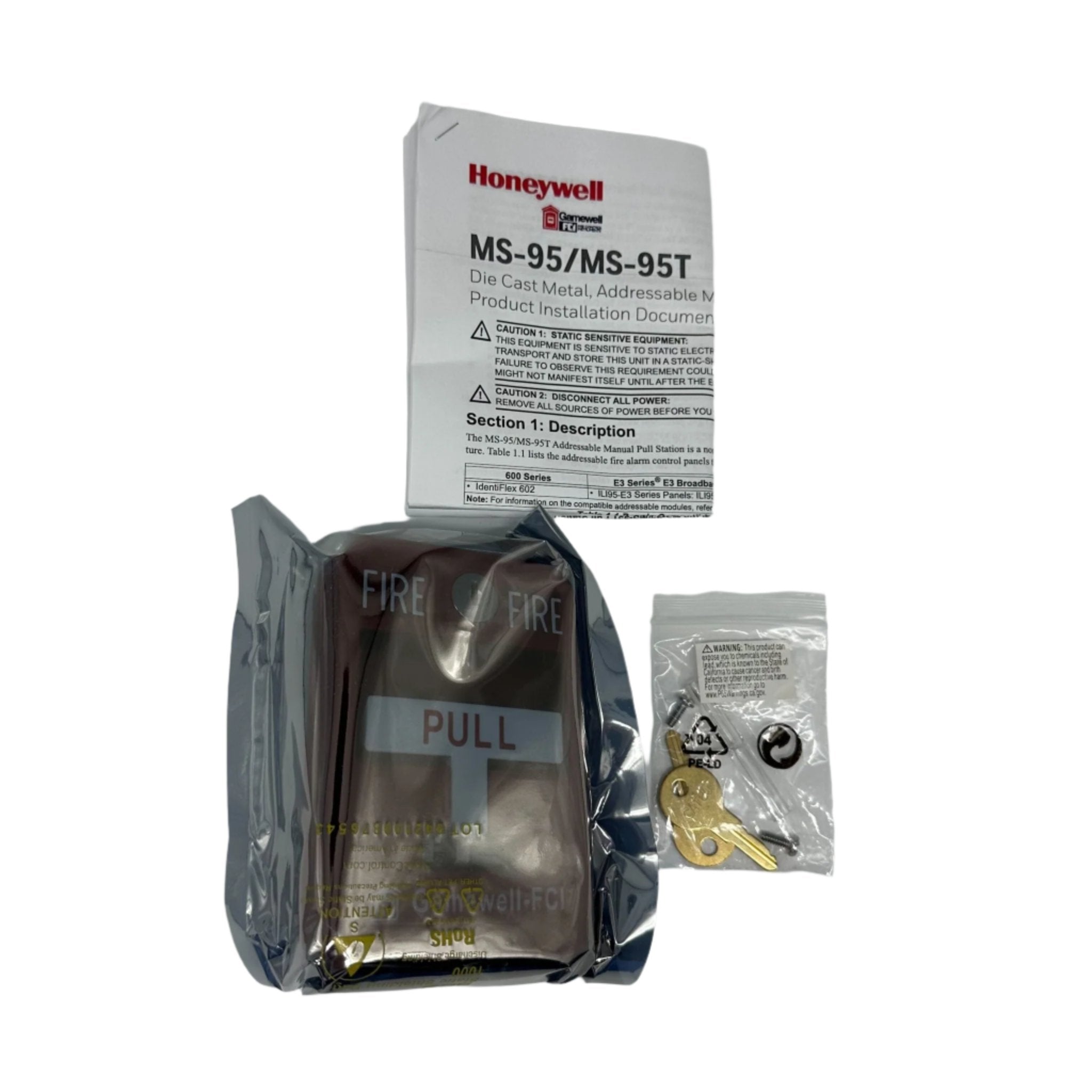 Gamewell-FCI GWMS-95 addressable single-action manual pull station with wire leads and key reset for fire alarm systems.
