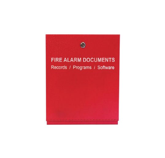Gamewell-FCI GW-FAD fire alarm documents cabinet with label, designed for NFPA 72 compliance, metal storage for fire safety documentation.