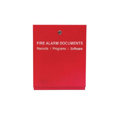 Gamewell-FCI GW-FAD fire alarm documents cabinet with label, designed for NFPA 72 compliance, metal storage for fire safety documentation.