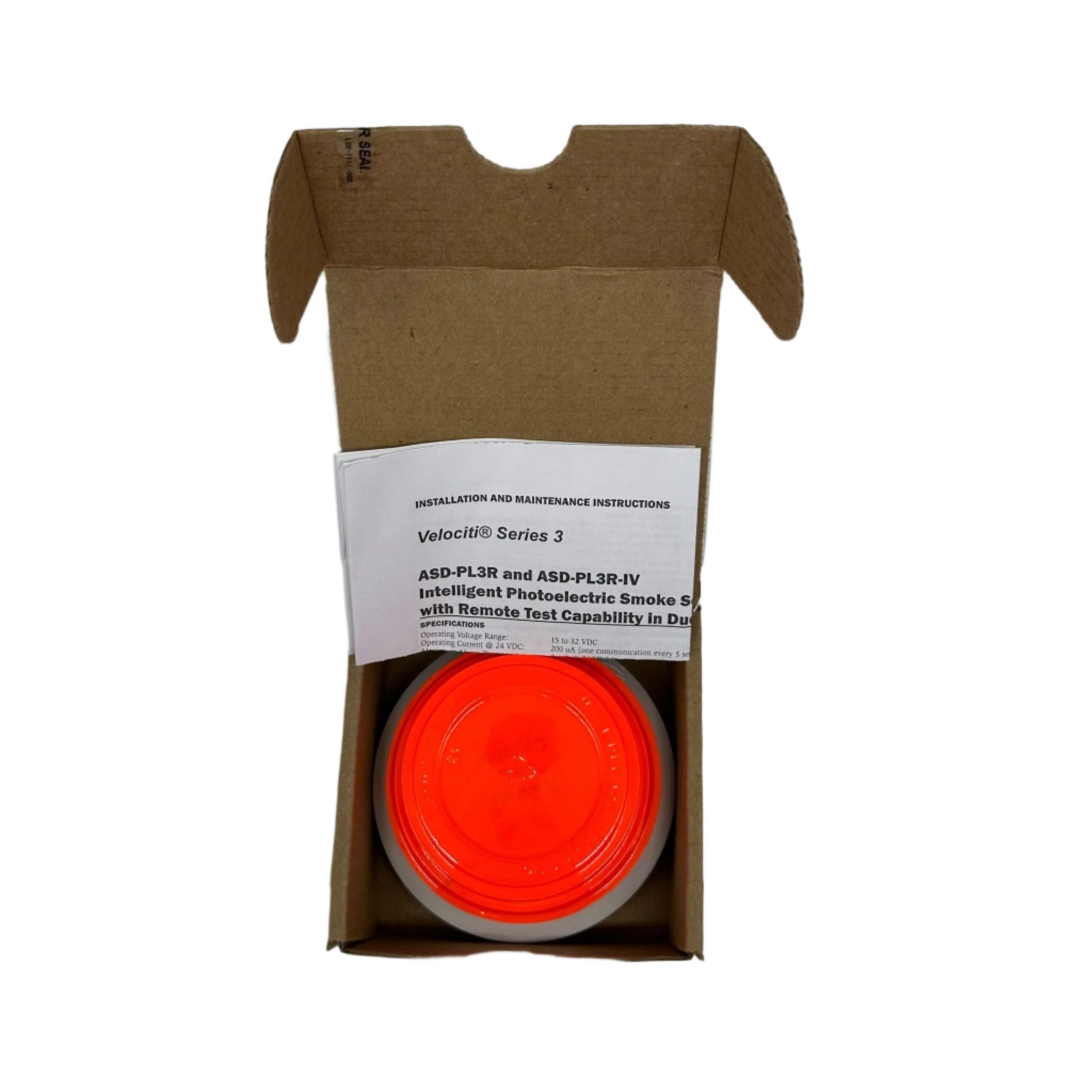 Gamewell-FCI ASD-PL3R photoelectric smoke detector with remote test, installed in a duct for fire detection and safety monitoring.