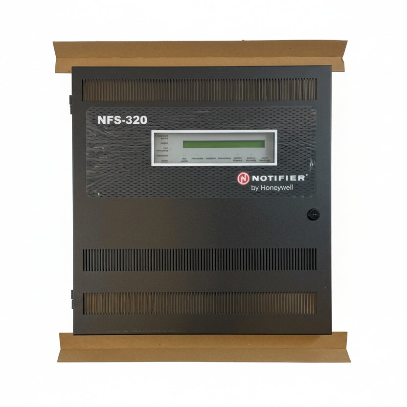 Notifier NFS-320 fire alarm control panel with digital display and control buttons, designed for fire safety management.