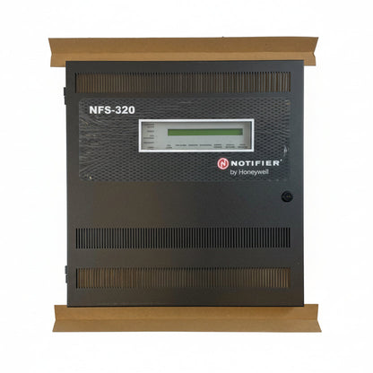 Notifier NFS-320 fire alarm control panel with digital display and control buttons, designed for fire safety management.