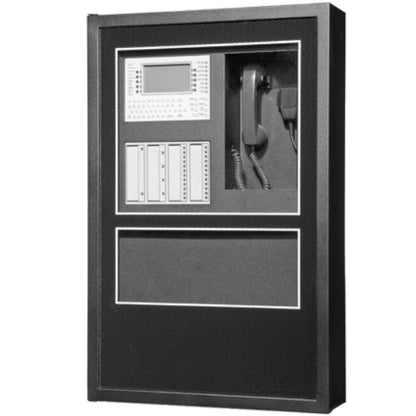 Notifier DR-B4R cabinet for fire alarms, black metal enclosure with mounting brackets, designed for emergency notification systems.