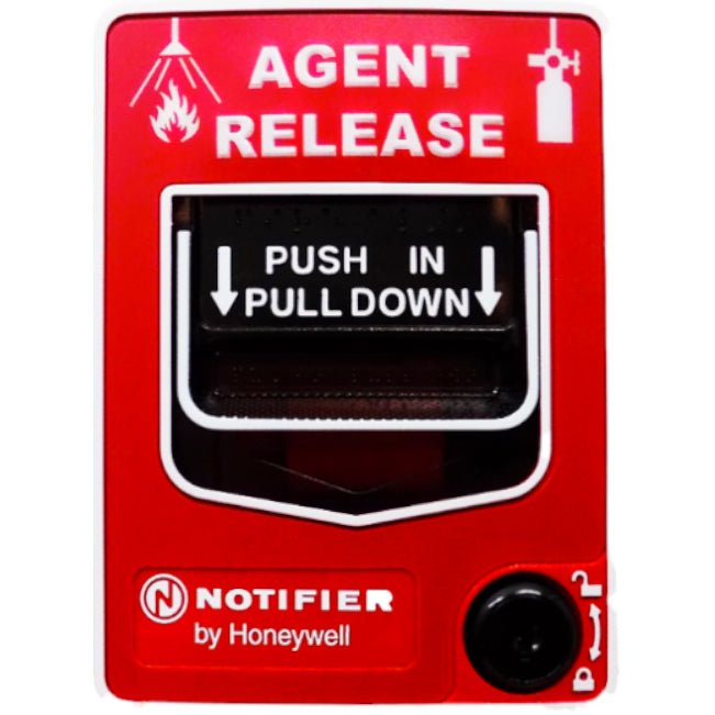 Notifier NBG-12LR pull station, dual-action fire alarm releasing station with clear labeling and sturdy design.