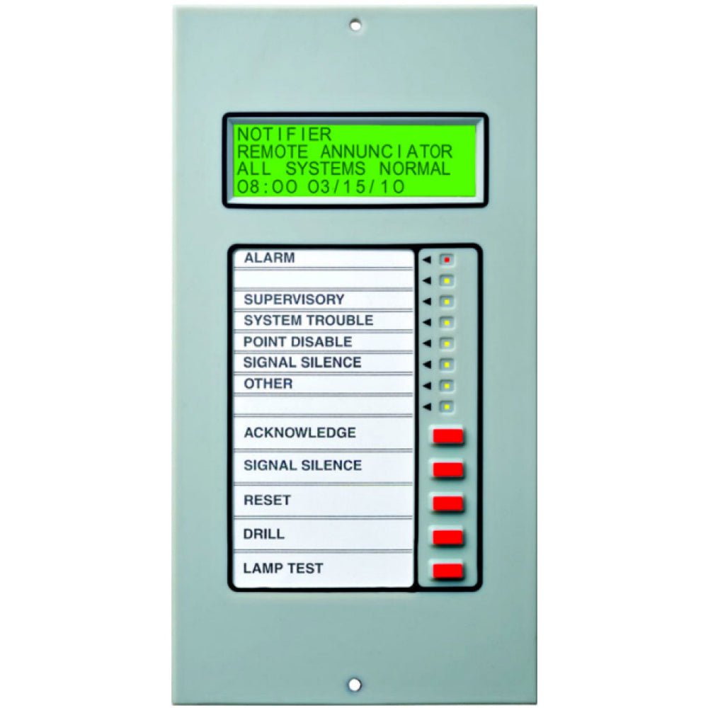 Notifier LCD2-80 80-character LCD annunciator with liquid crystal display showing status indicators and system alerts.