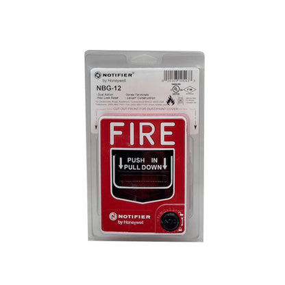 Notifier NBG-12 dual-action manual pull station mounted on wall with clear labeling and safety instructions.