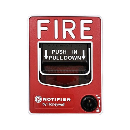 Notifier NBG-12LO dual-action manual pull station with outdoor backbox, fire alarm pull station for emergency use.